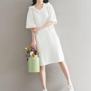 Plain Elbow Sleeve Hoodie Dress