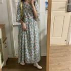 Elbow-sleeve Floral Maxi Dress Yellow - One Size