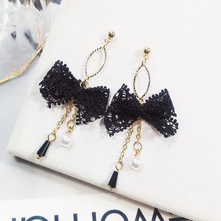 Faux Pearl Lace Bow Dangle Earring Black - One Size