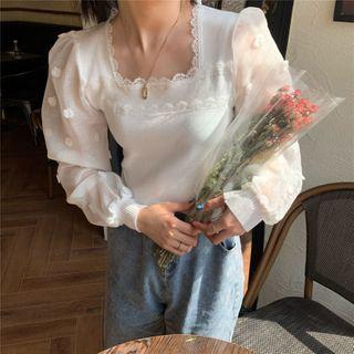 Puff-sleeve Lace Trim Dotted Knit Top