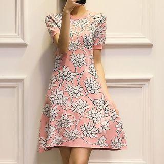 Flower Pattern Short-sleeve A-line Knit Dress