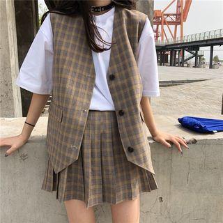 Plaid Vest / Pleated A-line Skirt