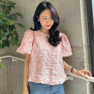 Puff Sleeve Wrinkled Bubble Blouse
