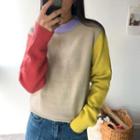 Round-neck Color-block Sweater Beige - One Size