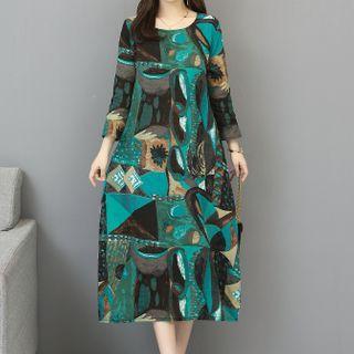 Long-sleeve Printed Linen Blend A-line Midi Dress