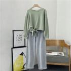 Long-sleeve Tied Cropped Top/ Wide-leg Jeans