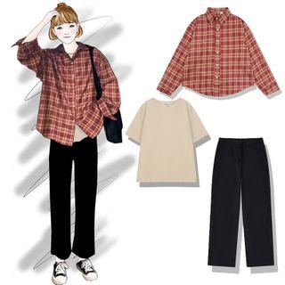 Plaid Shirt / Straight-cut Pants / Short-sleeve T-shirt