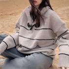 Striped Knit Hoodie Gray - One Size