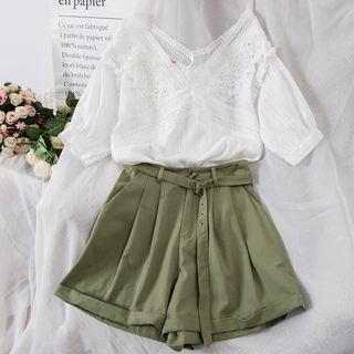Set: Lace Trim Elbow-sleeve Blouse + Wide-leg Shorts