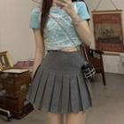 Short-sleeve T-shirt / Lace Camisole Top / Pleated Mini A-line Skirt