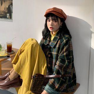 Single Breasted Plaid Coat / Mock Neck Long-sleeve Plain Top / High-waist Pleated Skirt