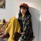 Single Breasted Plaid Coat / Mock Neck Long-sleeve Plain Top / High-waist Pleated Skirt