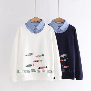 Mock Two-piece Fish Print Long-sleeve T-shirt