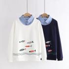 Mock Two-piece Fish Print Long-sleeve T-shirt