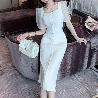 Square Neck Short-sleeve Midi Sheath Dress