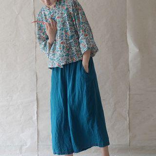 Elbow-sleeve Floral Print Blouse / Baggy Pants