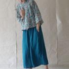 Elbow-sleeve Floral Print Blouse / Baggy Pants