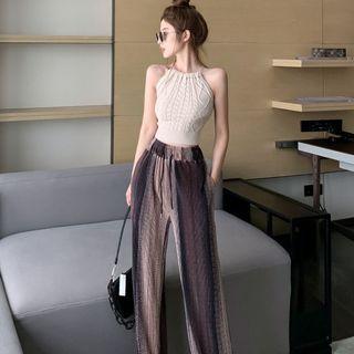 Set: Halter Cable Knit Camisole Top + Print Wide-leg Pants White - One Size