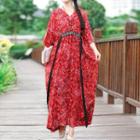 3/4-sleeve Embroidered Trim Patterned Maxi Tunic Dress