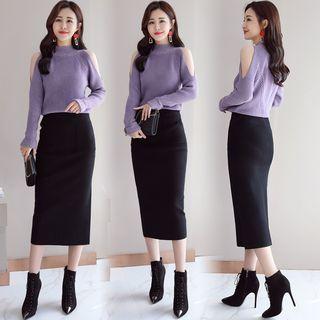 Set: Cold-shoulder Sweater + Midi Knit Pencil Skirt