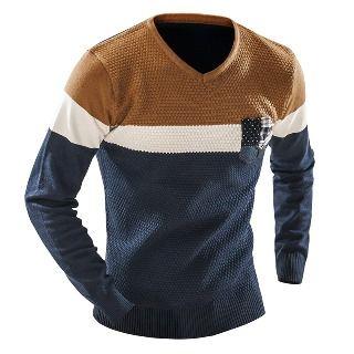 Long-sleeve Color Block V-neck Sweater