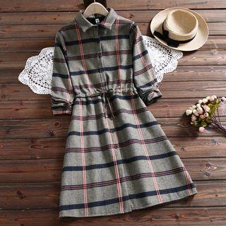 Plaid Drawstring-waist Shirtdress