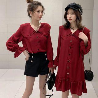 Long-sleeve Frill Trim Shirt / Mini Dress