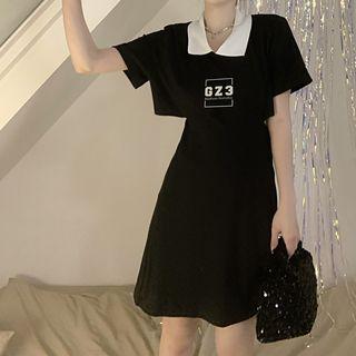 Short-sleeve Lettering Midi A-line Polo Dress Black - One Size