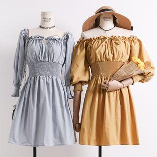 Boatneck Smocked-waist A-line Dress