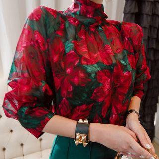 Flower Print Blouse / High Waist Boot-cut Pants