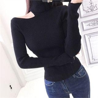 Turtle-neck Cutout Slim-fit Knit Top