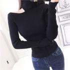 Turtle-neck Cutout Slim-fit Knit Top