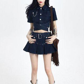 Set: Short-sleeve Denim Crop Shirt + Pleated Mini A-line Skirt