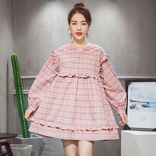 Frilled Plaid Long-sleeve A-line Dress