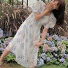 Floral Print Puff-sleeve Midi A-line Dress As Shown In Figure - One Size