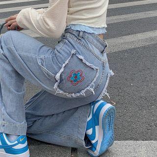 Floral Embroidered Distressed Washed Straight Leg Jeans