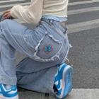Floral Embroidered Distressed Washed Straight Leg Jeans