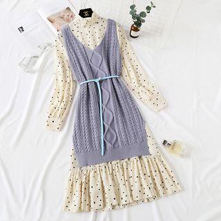 Set: Mock Neck Patterned Midi Dress + Sleeveless Long Knit Top