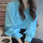 Plain Long-sleeve Button-up Shirt Blue - One Size