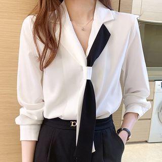 Contrast Panel Tie-neck Blouse