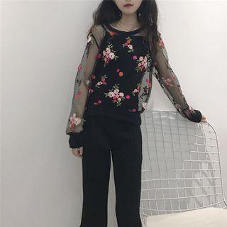Flower Embroidered Mesh Blouse