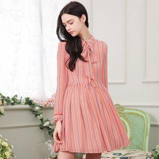Patterned Bow Accent Long Sleeve Chiffon Dress