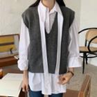 Bow-accent Plain Shirt / V-neck Plain Knit Vest