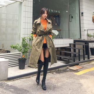 Snap-button Long Trench Coat With Sash
