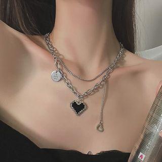 Heart Layered Necklace Necklace - Black Heart - Silver - One Size
