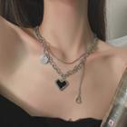 Heart Layered Necklace Necklace - Black Heart - Silver - One Size
