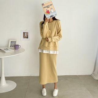 Set: Layered-hem Sweatshirt + Long H-line Skirt
