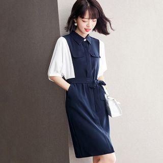 Short-sleeve Color Block Lace-up Dress