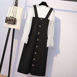 Set: Lace Long-sleeve Top + Button Detail Pinafore Dress