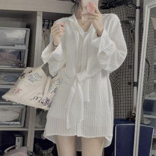 Striped Tie-front Blouse White - One Size